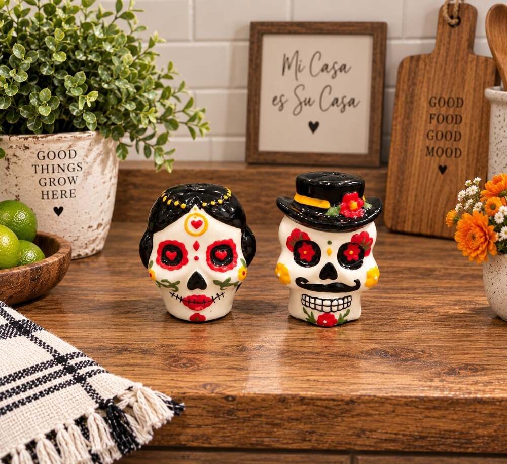 New Halloween Day Of The Dead Sugar Skull Bride Groom Salt & Pepper Shakers Set